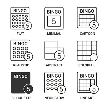 Bingo card icon set featuring minimal, cartoon, and abstract styles