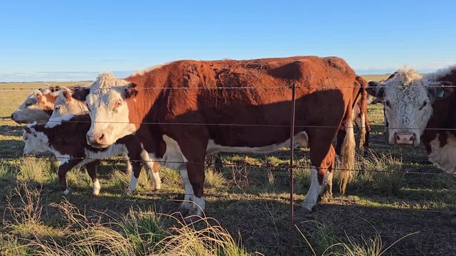 Polled hereford cows and calves grazing in a field