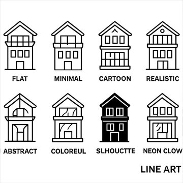 Diverse house line art styles: flat, minimal, cartoon, realistic, abstract