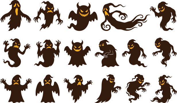 Set of spooky halloween ghost characters, collection of scary, evil, flying ghosts.