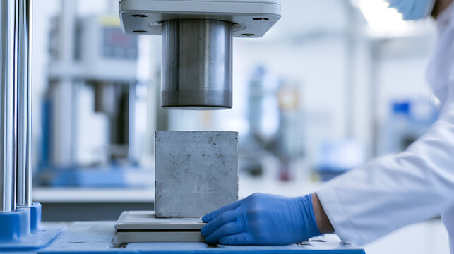 Scientist in lab coat and face mask conduct material strength test on a concrete block with professional laboratory equipment and blue gloves