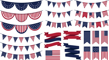 Obraz premium Patriotic American decorative bunting collection with flags ribbons and banners for Independence Day and national holiday celebrations