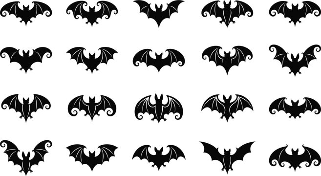 Gothic bat silhouettes collection with ornate curly wings. Spooky Halloween vampire bats vector icons