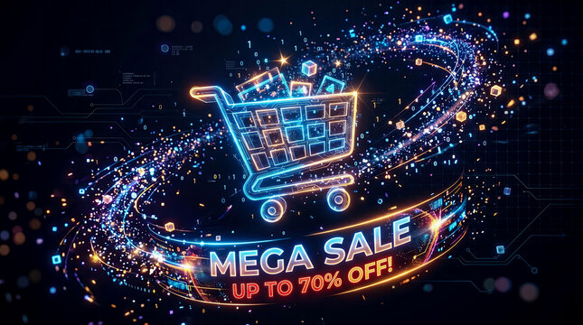 Futuristic Shopping Cart Icon with Glowing Digital Data Streams and Neon Mega Sale Promotion Banner on Dark Abstract Background Representing Modern E-commerce Technology and Savings