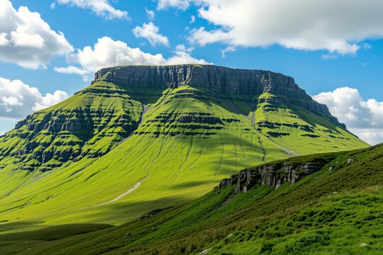 Benbulbin mountain rock formation Ireland green grass slopes, layered geology. Sunny day blue sky white clouds, scenic nature park, outdoor travel.