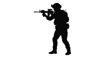Fototapeta premium Soldier With Rifle In Tactical Gear Black Silhouette