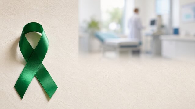 Green awareness ribbon on a textured table with copy space, against a blurred clinic background with a doctor, symbolizing medical support for liver cancer, lymphoma, or mental health campaign.
