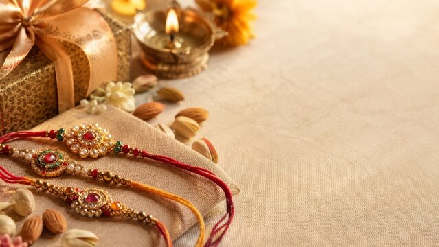 Traditional Raksha Bandhan festival background with ornate rakhi threads, burning diya lamp, sweets, and kumkum powder on a wooden table under soft warm sunlight with empty copy space for text.