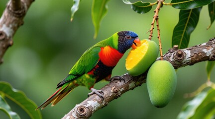 Naklejka premium Colourful black-capped lory parrot eats juicy mango on tree branch. Bird has vibrant green red blue feathers. Focus on wild animal feeding on ripe tropical fruit.