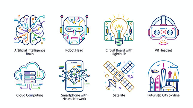 Future Technology and Digital Innovation Outline Icons. Modern Colorful Line Art Style.