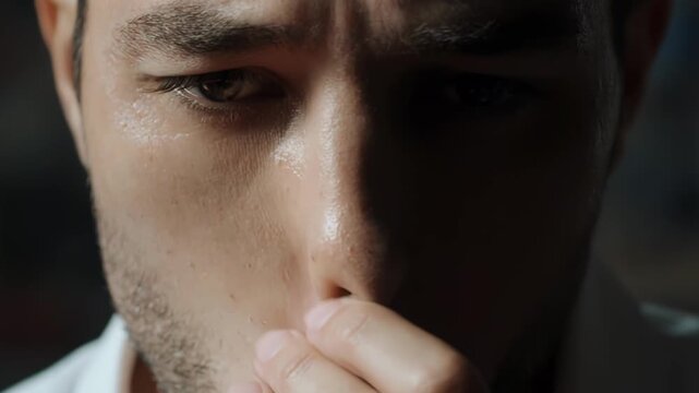 Male individual wearing 3D glasses with closed eyes transitions to a focused expression, hand covering mouth, showcasing a moment of contemplation in a softly lit environment