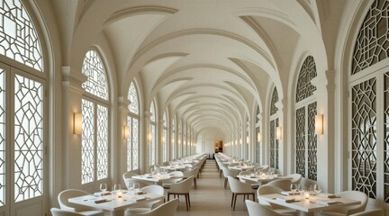 Obraz premium Elegant white dining hall with arched ceilings and patterned windows. Empty tables set for meal. Luxurious interior, geometric design, bright natural light. Sophisticated, modern architectural space.