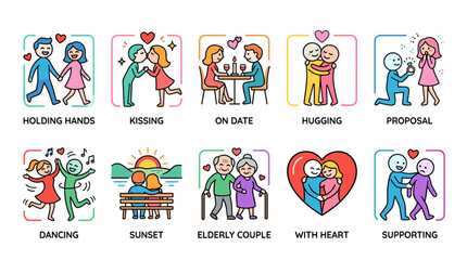 Fototapeta premium Romantic Relationships and Romantic Love Linear Icons. Colored Outline Corner Frame Style.