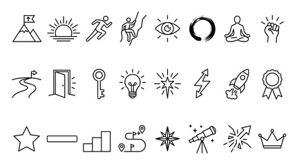 Fototapeta premium Minimalist Line Art Creativity Innovation Icon Set Featuring Lightbulb, Brain, Palette and Telescope Elements