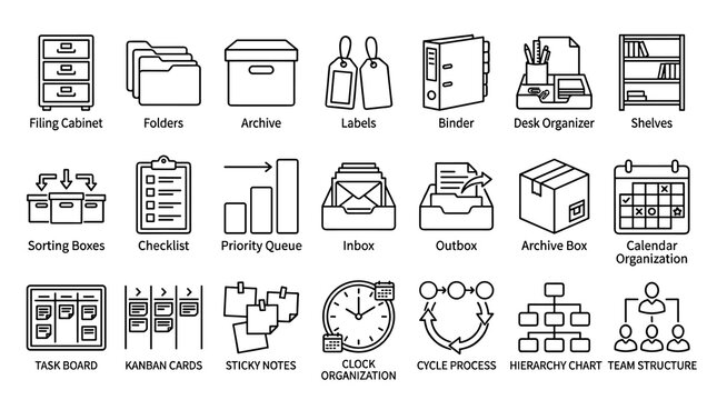 Office Organization and Document Archive Outline Pictograms. Minimalist Black and White Line Style