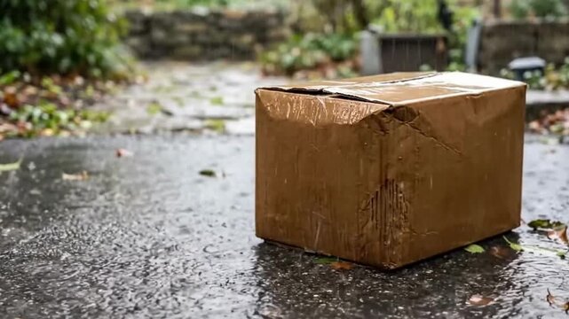 Rain soaking cardboard box on wet ground with blurred greenery in background. Wet cardboard box shows signs of damage from exposure to rain while standing in outdoor area.