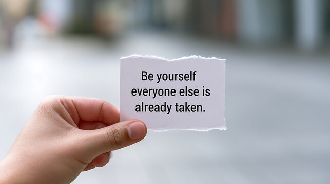 Inspiring Quote Display: "Be yourself everyone else is already taken." Message held by person's hand with blurry urban background