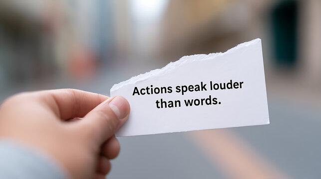Inspiring Message on Torn Paper: "Actions Speak Louder Than Words" Held by Hand Against a Blurry Outdoor Background, Focus on Motivation