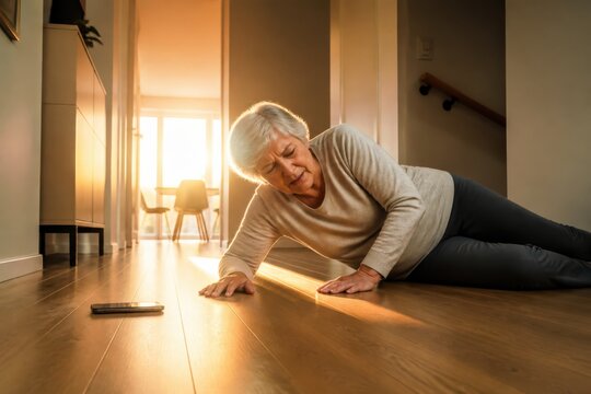 Senior woman lying on floor reaching for phone at home