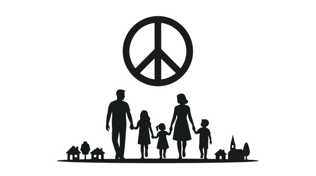 Peaceful Community: A silhouette of a family holding hands walks together, united under the iconic peace symbol, representing harmony and a serene community life.