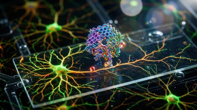 Colorful DNA nanostructure tiles hover above cultured neurons on a glass slide, with axon branches, fluorescent cell membranes, microfluidic channels, and tiny cargo capsules suggesting noninvasive