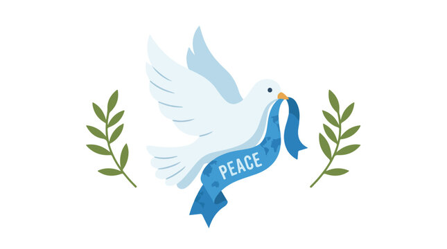 Dove of Peace: A white dove, a universal symbol of peace, soars with a blue ribbon in its beak, bearing the word PEACE. Two olive branches flank the dove.