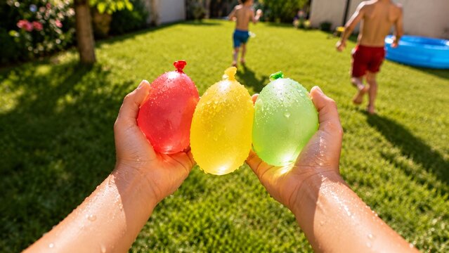 First-person point of view holding three colorful water balloons ready to throw at children running in a sunny backyard