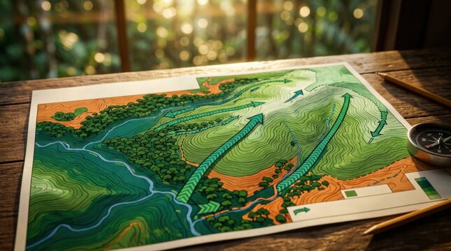 Topographic conservation map of a tropical rainforest hillside with contour lines, elevation bands, river tributaries, and canopy icons marking upslope wildlife corridors; layered GIS-style graphics