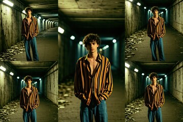 Fototapeta premium Young man with curly hair stands in dark tunnel. He wears striped shirt and blue jeans. Lights illuminate path creating moody atmosphere. He poses for fashion shoot.