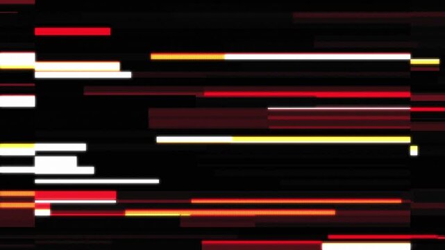 Abstract digital glitch effect with horizontal lines. Electronic signal interference pattern for video transition or motion background with red and white flashes.