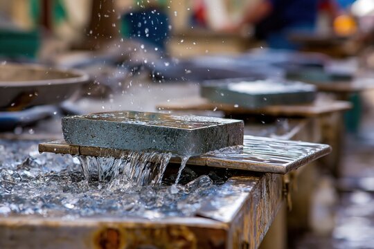 Water cascading over a stone block in a workshop setting.