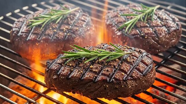 Three seasoned beef steaks with rosemary sprigs grilling over an open fire flame on a barbecue grill