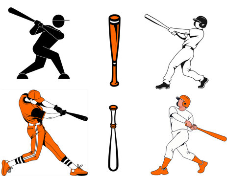 Baseball Player Swing and Bat Vector Clipart Set