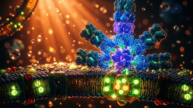 Vibrant close-up of engineered phycocyanin and allophycocyanin trimers assembling on a cyanobacterial thylakoid membrane, with orange light rays, stacked antenna proteins.