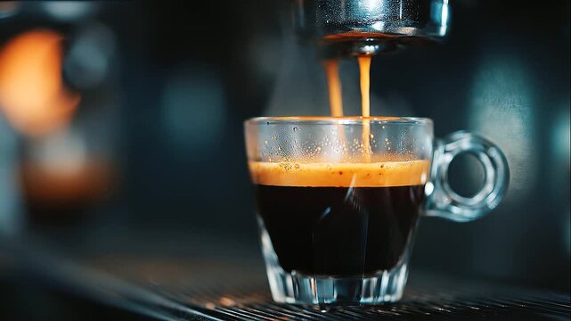 Close-up barista-style coffee preparation scene, fresh espresso stream pouring smoothly into a clear glass cup, focus on motion of liquid and rich crema forming natura
