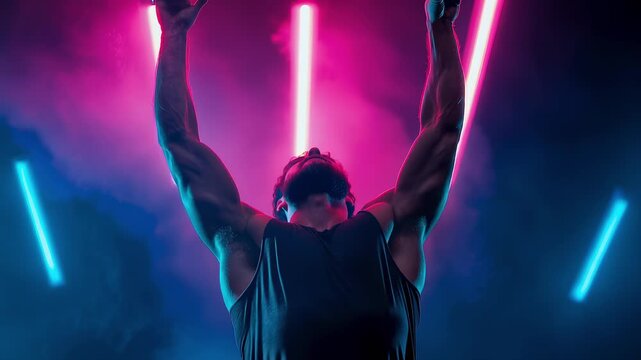 Intense male athlete performs pull-ups under vibrant pink and blue neon lights, surrounded by atmospheric smoke for powerful gym or performance setting.