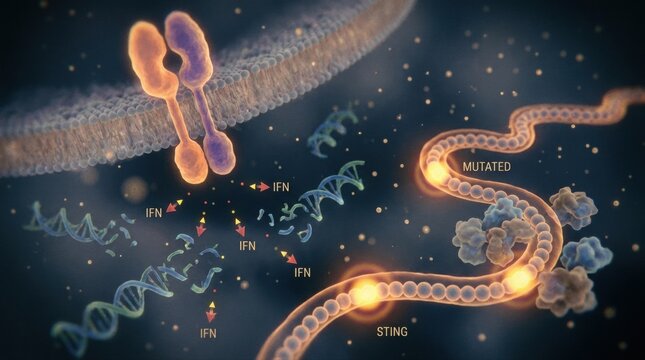 Colorful molecular landscape of STING signaling inside a cell, with a membrane receptor dimer, DNA fragments, interferon arrows, and clustered immune proteins; mutated amino-acid hotspots glow on a