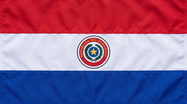 Paraguay flag with red, white, and blue stripes and central coat of arms, symbolizing national identity, pride, and unique dual‑sided design heritage.
