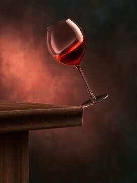 A wine glass is balanced on the edge of a table moments before it falls. Side lighting creates tension against a dark background.
