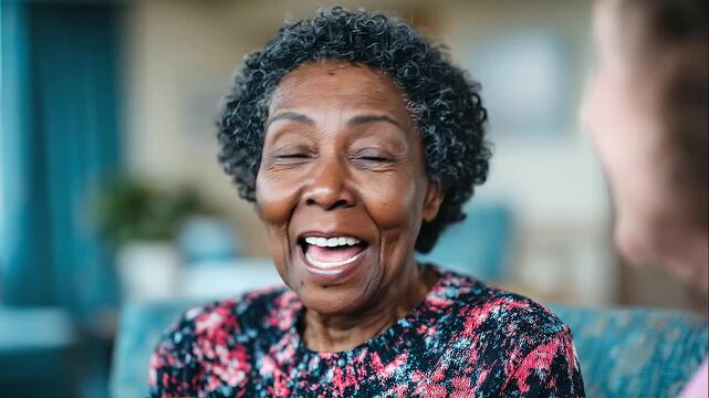 A happy elderly woman in a welcoming nursing home lounge, smiling warmly while sitting comfortably in a modern care facility, soft natural light, supportive environment, senior care, wellbeing, and po