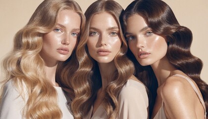 Obraz premium Three Beautiful Women with Long Wavy Hair in Luxury Beauty Portrait