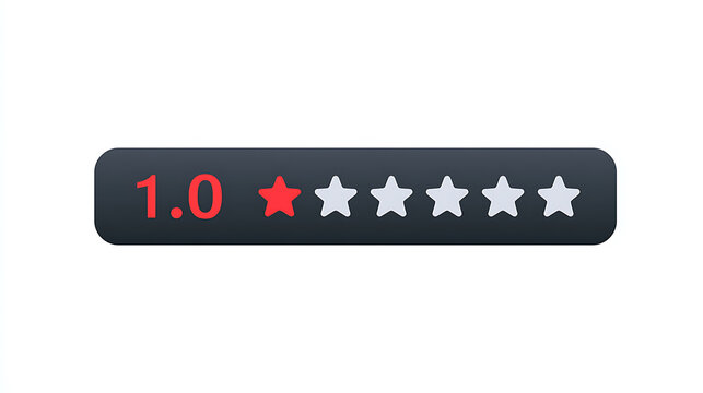 Minimalist Graphic Depicting One Point Zero Rating with Single Red Star and Multiple Gray Empty Stars on a Dark Bar Isolated on White