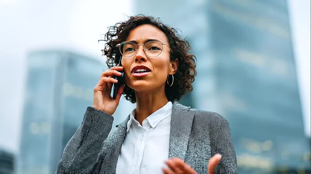 Professional businesswoman talking on smartphone in a modern city environment, confident female executive wearing a tailored gray blazer and crisp white shirt, corporate leadership, urban business dis