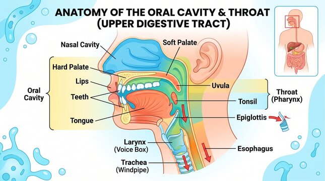Anatomy of the oral cavity and throat with labeled parts and digestive tract