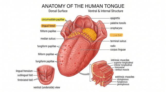Anatomy of the human tongue with labeled parts and taste buds, oral cavity