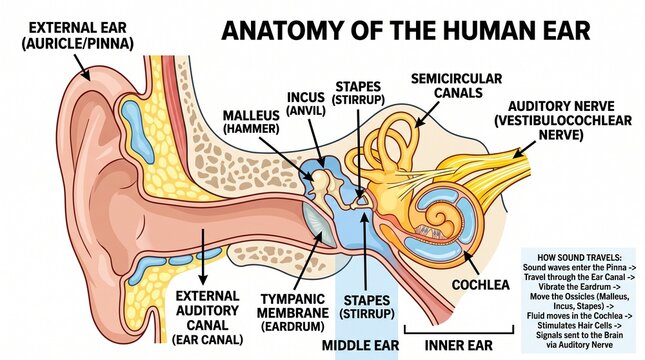 Anatomy of the human ear with labeled parts and structures, ear structure