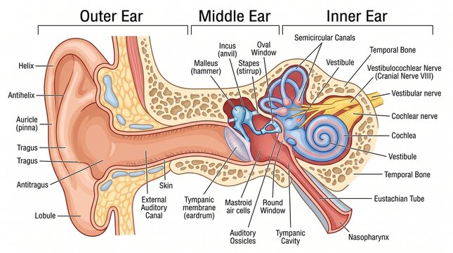 Anatomy of the human ear showing outer, middle, and inner ear structures