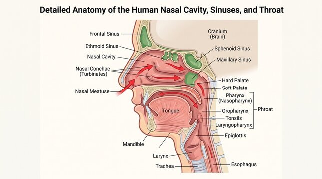 Detailed anatomy of the human nasal cavity sinuses throat with human body