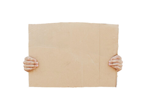 Blank cardboard protest sign held by two hands isolated PNG on transparent background, empty banner mockup template