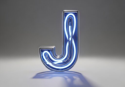 Neon letter j with blue illuminated glow on white surface